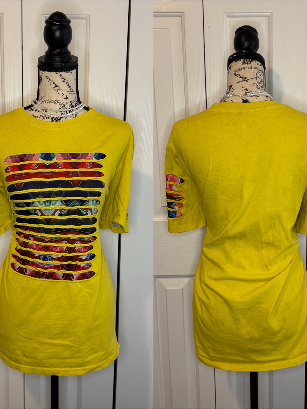 Yellow Short Sleeve Cutout Stripe Graphic Tee